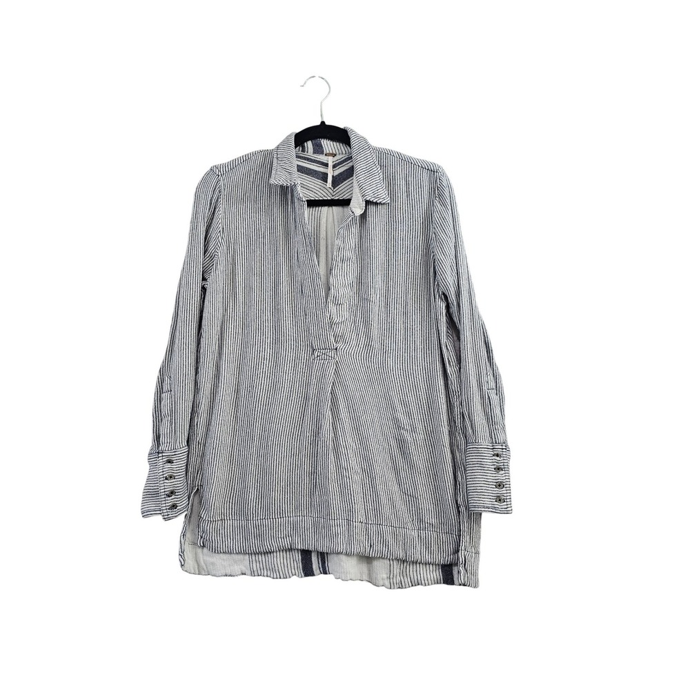Free People XS Blue White Striped Linen Blend Tunic Top Long Sleeve Pullover EUC
